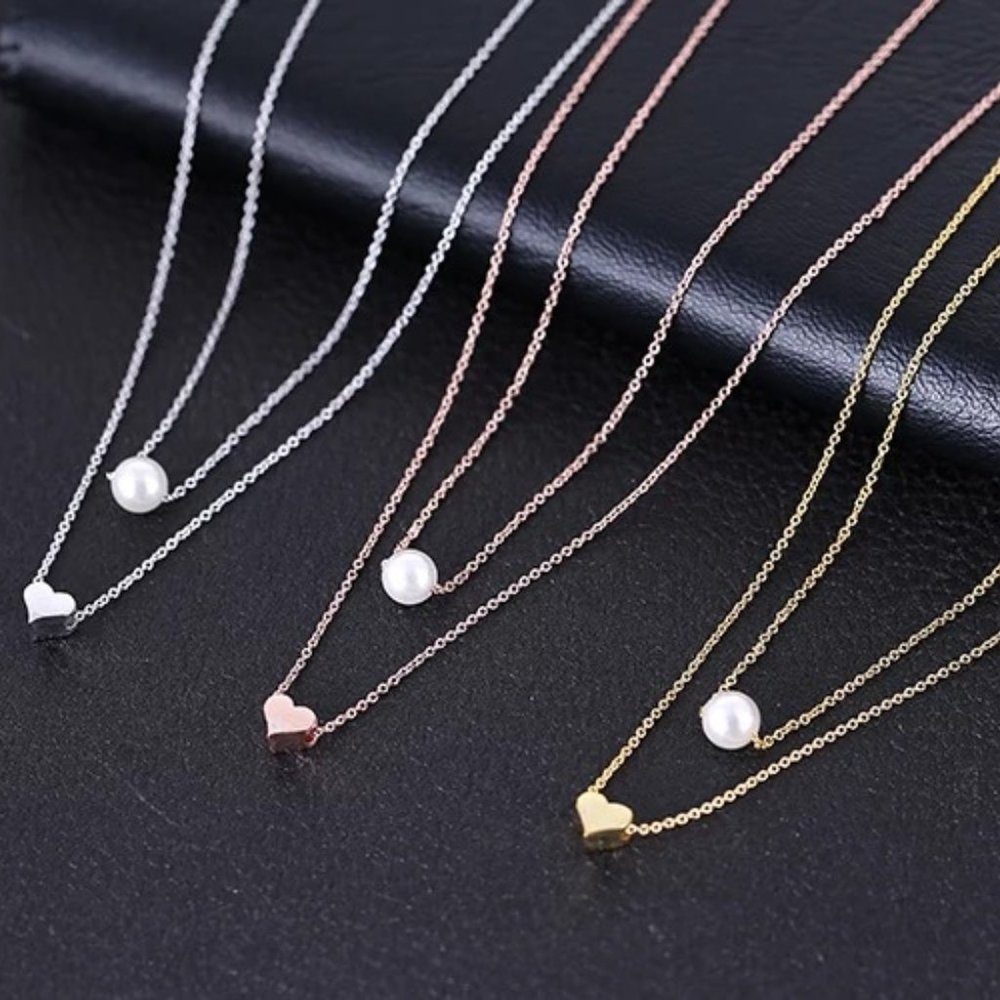 925 Sterling Silver Double Layer Pearl Heart Necklace - Picture 6 of 10